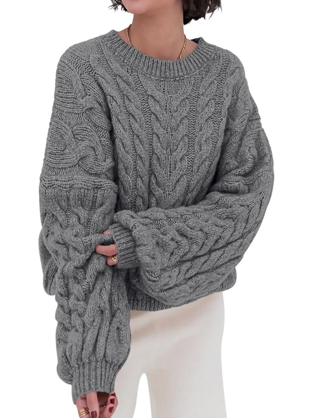 Women's Grey Cable Knit Long Sleeve Crewneck Oversized Chunky Loose Sweaters